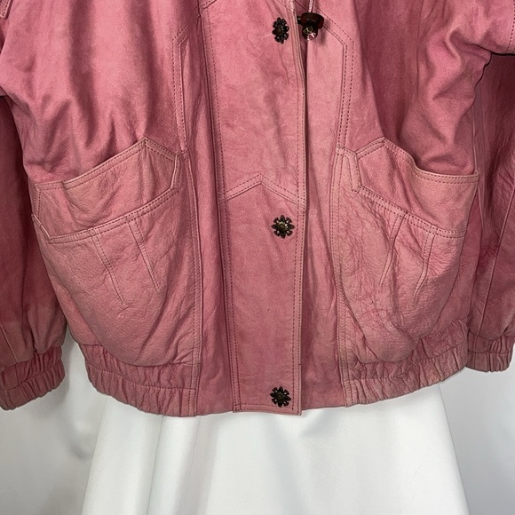 Maggie Lawrence pink leather zip/snap close fox fur trim bomber jacket Sz M PINK - Picture 5 of 13